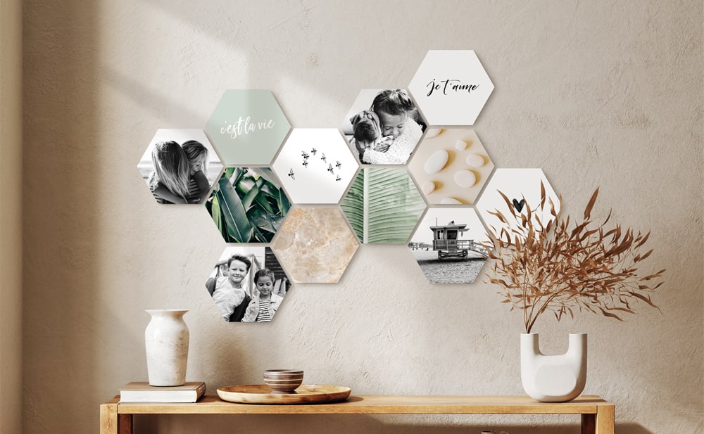 Collage a parete con Shapes<sup>®</sup>: piastrelle esagonali modulari — creative, flessibili e semplici da ampliare per un design personale.