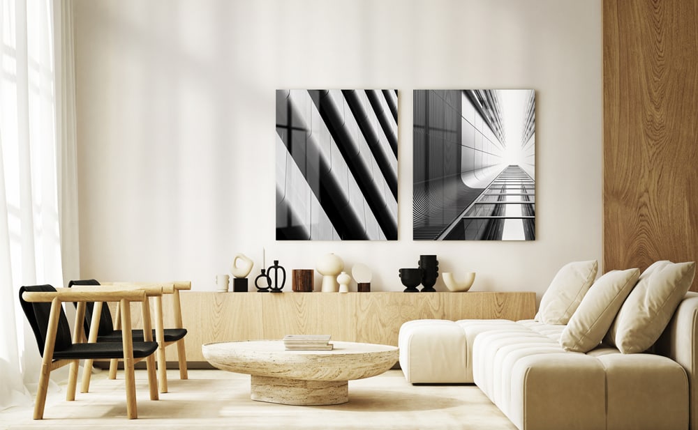 Decoración moderna en Metal HD con arquitectura en blanco y negro — brillante, elegante y perfecta para un interior contemporáneo.