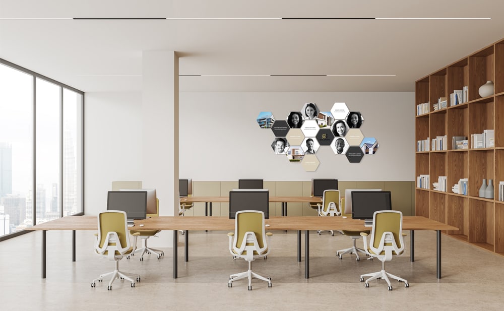Decoración de pared Shapes en una oficina - mosaicos fotográficos hexagonales modernos para un espacio de trabajo elegante e inspirador.