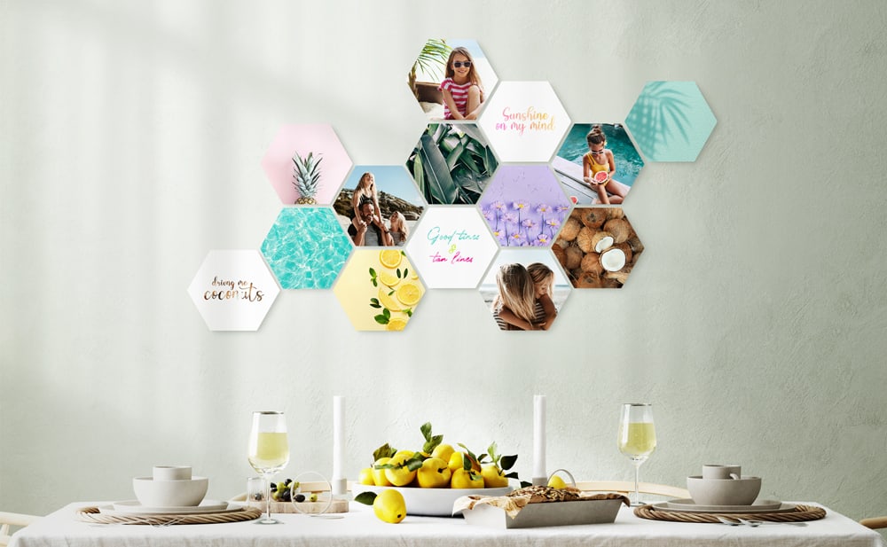 Collage da parete Shapes® con tessere esagonali colorate — giocoso, vivace e facile da adattare al tuo stile.