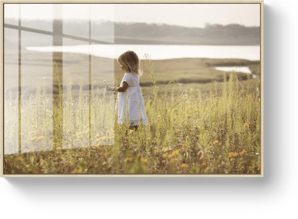Acrylic glass photo print natural wooden floating frame