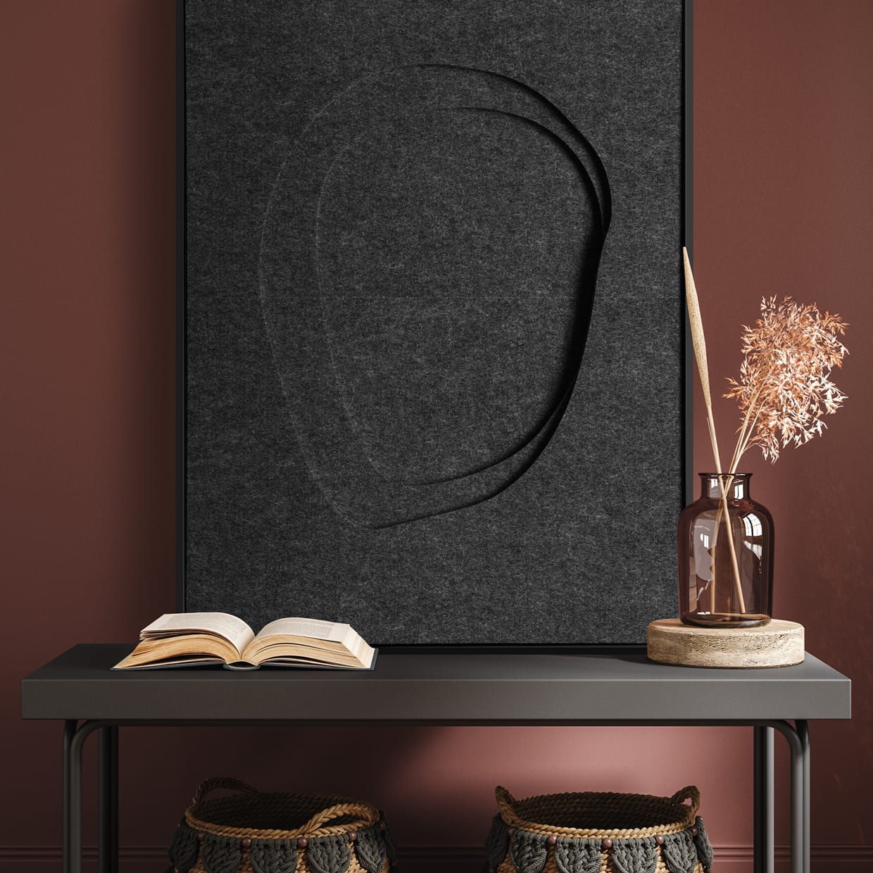 Arte en Fieltro oscuro como punto focal en el salón