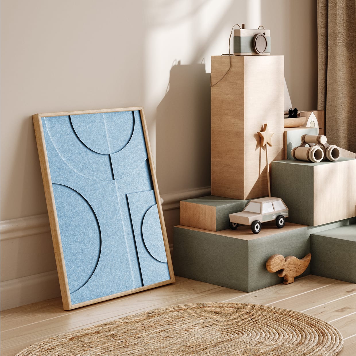 Fieltro azul como arte decorativo en habitación infantil